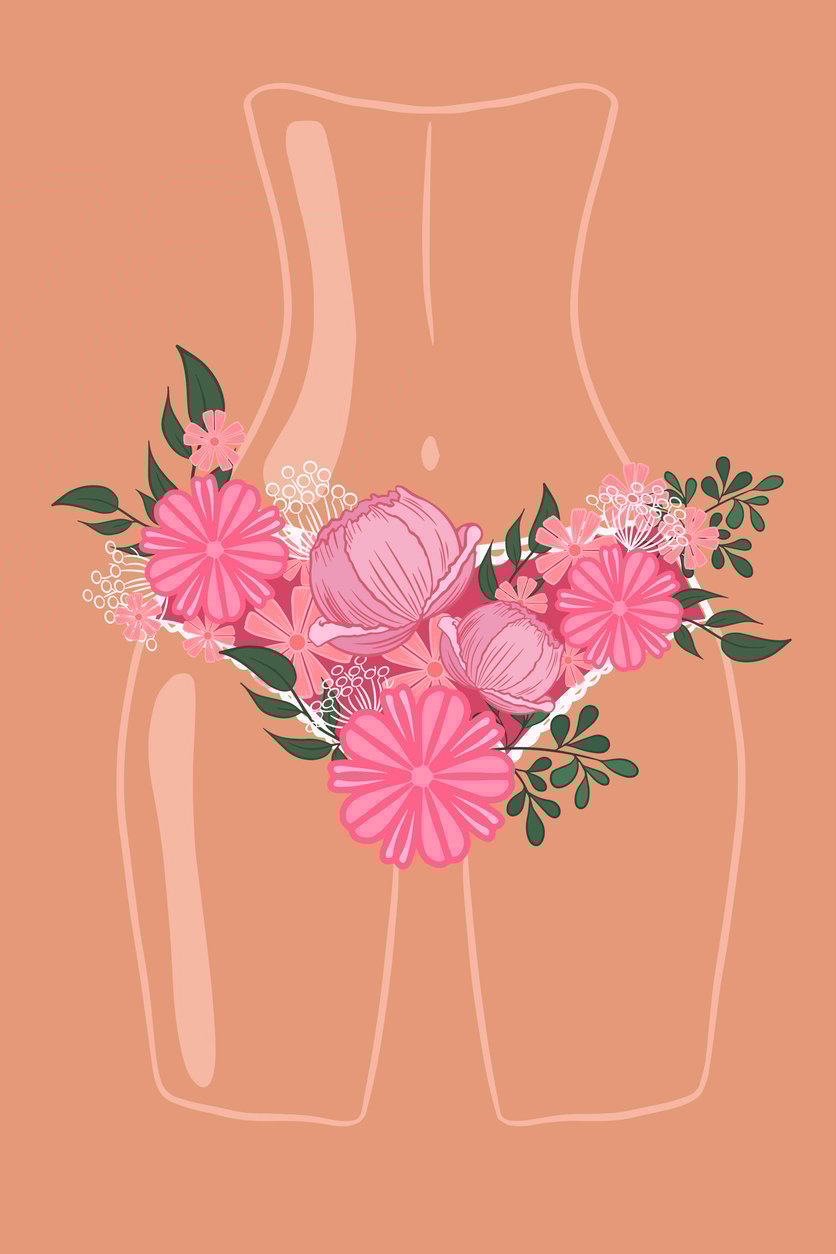 Part of a female body in panties made of flowers. The concept of women's health, beauty, femininity. vector illustration
