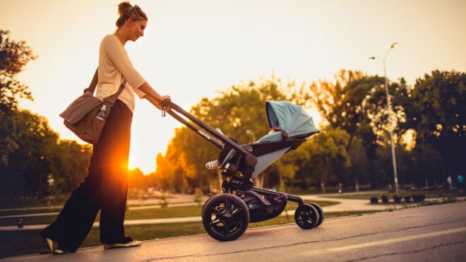 mom pushing stroller