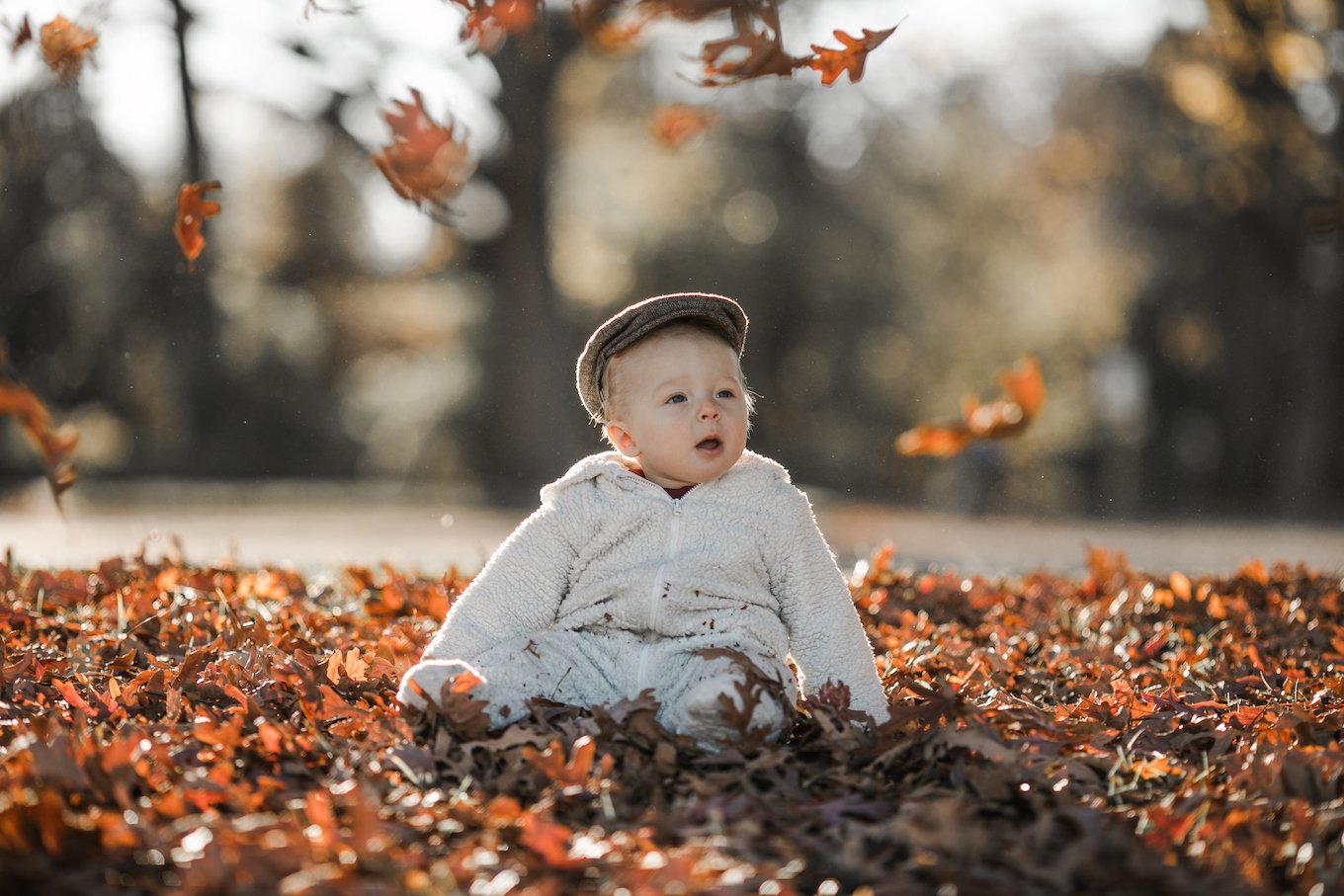 Baby boy in autumn leaves